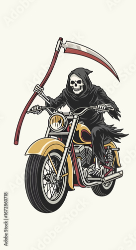 Ride into the afterlife with this vintage-style grim reaper on a motorcycle wielding a scythe