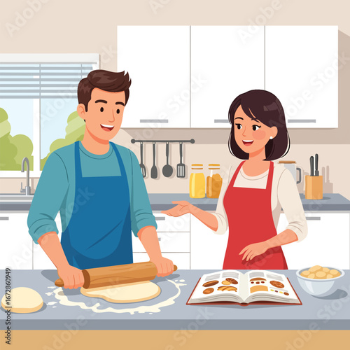 Happy young couple wearing aprons baking together in a modern kitchen the man rolling dough.