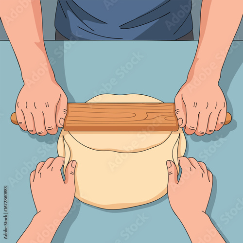 Illustration of an adult and childs hands working together to roll out fresh dough with a wooden rolling pin.