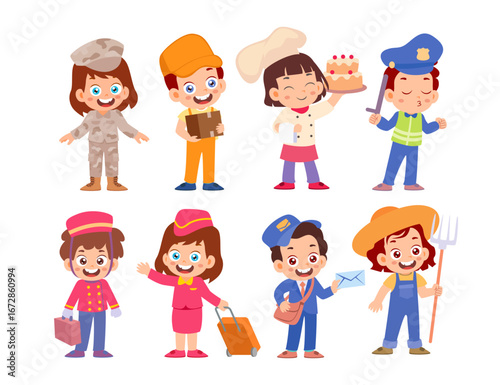 Set of cute little kids profession job worker cartoon kids dressed in professions Career role play characters with uniform, bellhop, courier, police, postman, cabin crew, chef, farmer, soldier.