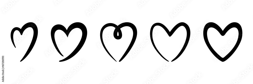 Fototapeta premium Love heart icons including romantic, broken, arrow, gift, and celebration symbols for wedding and relationship design projects. EPS vector.