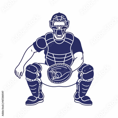 Intense baseball catcher ready for a pitch, vector illustration for sports team branding and creative projects