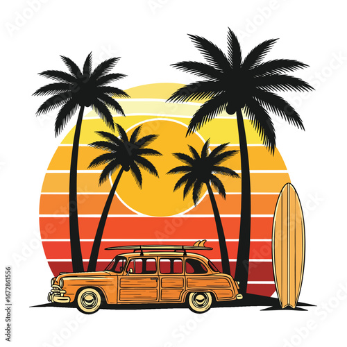 Retro summer surf illustration of a vintage woody car with surfboards and palm trees against a striped sunset.