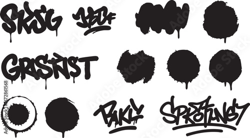 Dynamic collection of black spray paint graffiti tags, artistic splatters, and dripping ink elements on white.