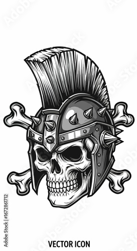 Edgy skull illustration with spiked helmet and crossed bones for bold designs or striking brand visuals