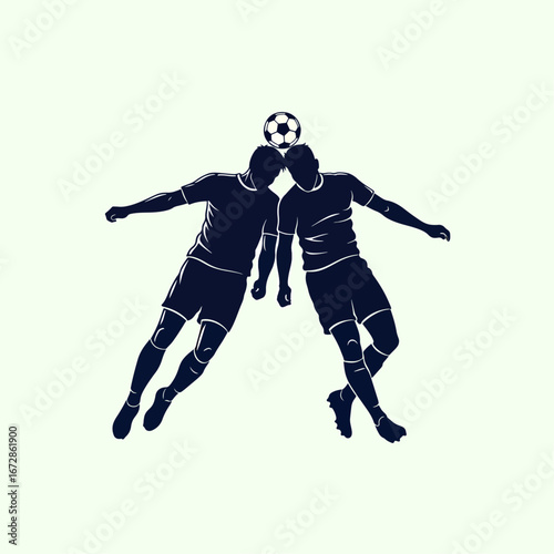 Dynamic soccer players heading the ball in intense match competition silhuette for sports branding