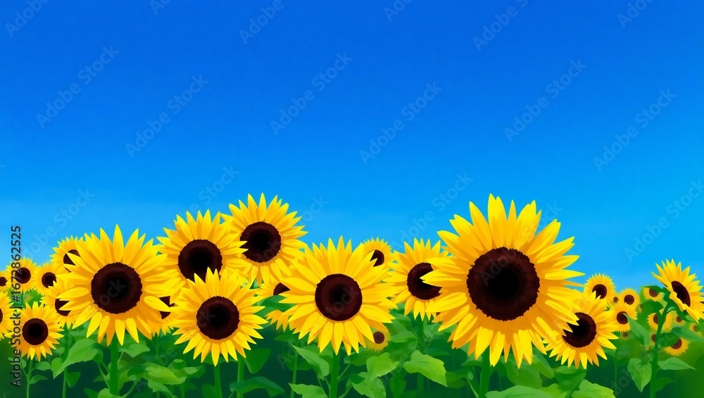Obraz premium Vibrant field of sunflowers under a clear blue sky