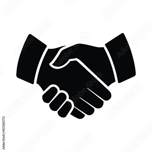 Black and white handshake icon: agreement, partnership, deal, collaboration, business, success, contract, teamwork symbol.