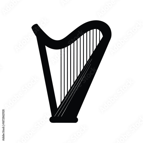 Harp Silhouette: Elegant Black and White Musical Instrument Illustration