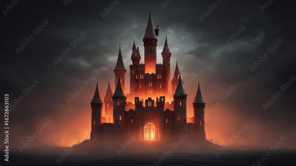 Fototapeta premium Enigmatic Dark Castle with Fiery Glow in Ominous Atmosphere Surrounded by Murky Fog and Shadows