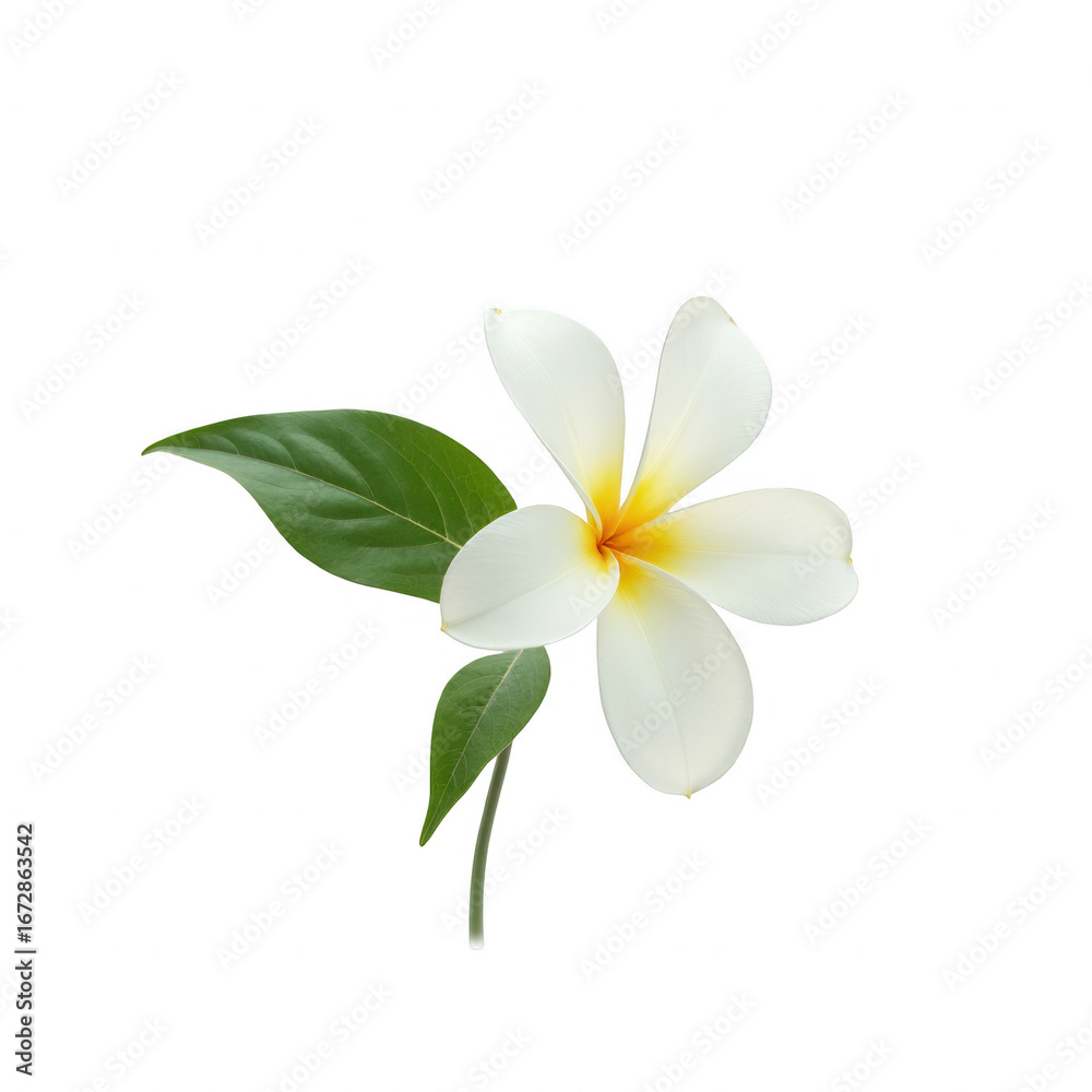 Naklejka premium A single, vibrant white flower with green leaves is displayed against a striking black backdrop.