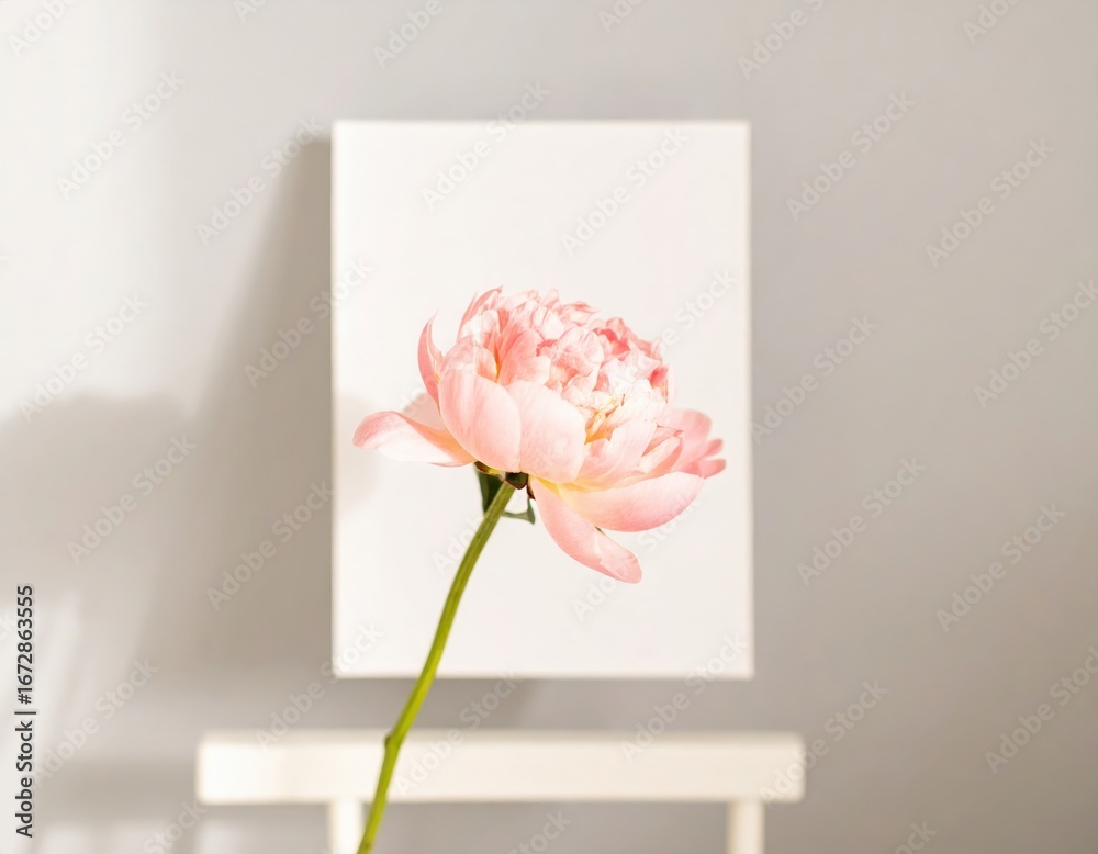 Fototapeta premium Pink Peony in Front of White Canvas Minimalist Floral Art.