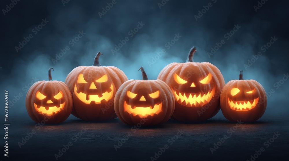 Fototapeta premium Spooky Halloween Pumpkins with Scary Faces Illuminated in a Mystical Foggy Setting