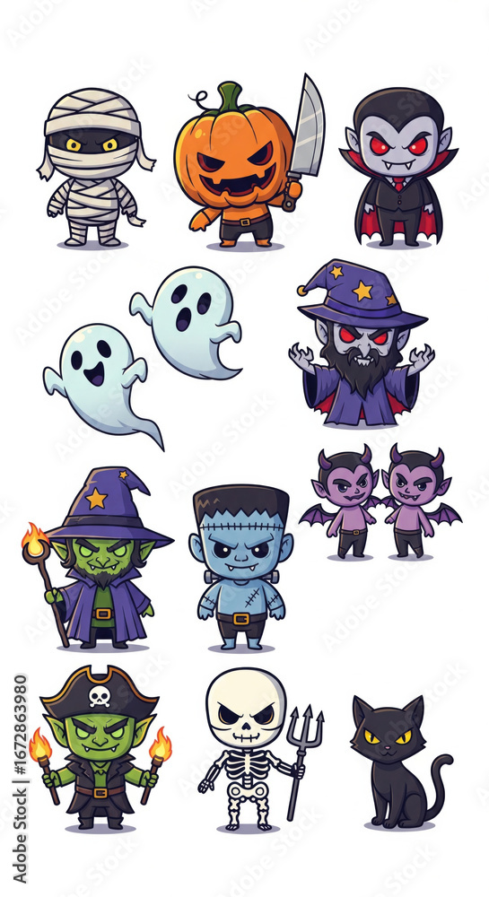 Obraz premium Mummy pumpkin vampire ghost wizard witch monster bat pirate skeleton cat cartoon cute spooky Halloween costume fantasy magic scary evil night dark horror children character illustration drawing