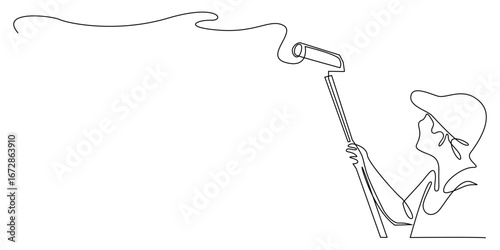 Continuous one line drawing of painter man holding long roller brush to paint wall. Minimalist vector illustration of construction worker, home renovation, repair, and interior design.