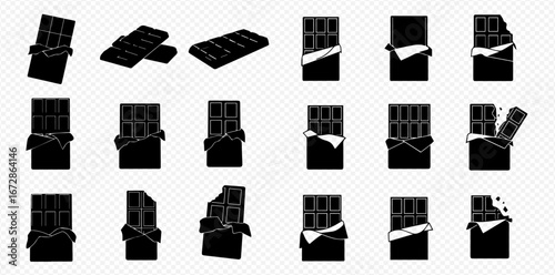 Collection of black and white chocolate bar silhouettes with wrapping paper in various states.