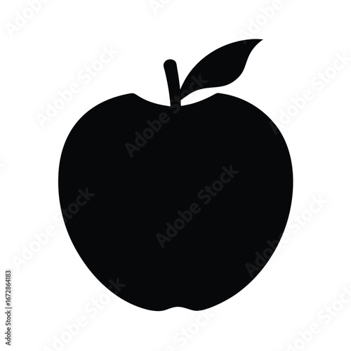 Black and white apple silhouette graphic; bitten fruit icon; simple minimalist design; healthy eating symbol.