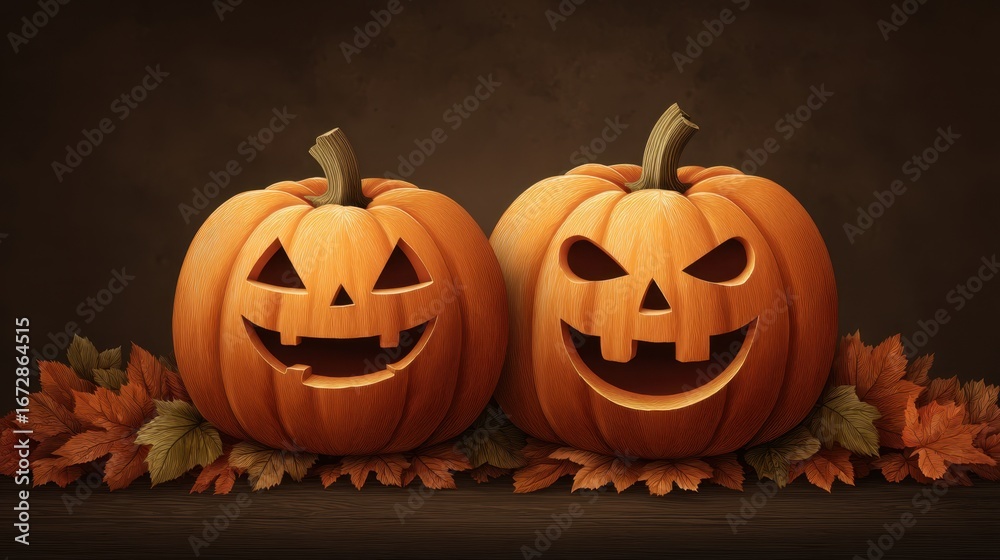 Obraz premium Two Halloween Pumpkin Decorations with Unique Expressions Surrounded by Autumn Leaves on Dark Background