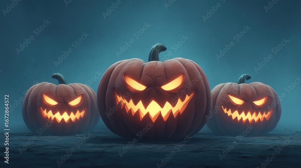 Fototapeta premium Spooky Halloween Pumpkins with Grinning Faces Emitting Eerie Glows in Mysterious Fog