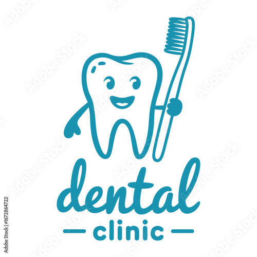 Happy cartoon tooth character holding a toothbrush with dental clinic text silhouette