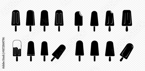 Collection of black silhouette popsicle illustrations, some whole, others partially eaten, arranged in two rows.