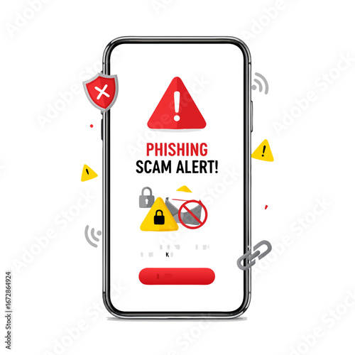 Mobile phone showing phishing attempt detected alert, online scam prevention warning