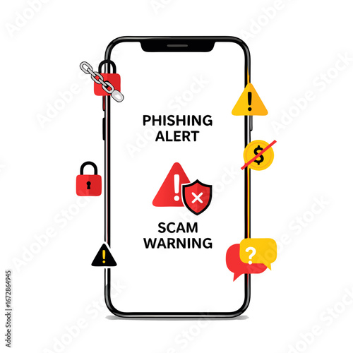 Mobile phone showing phishing attempt detected alert, online scam prevention warning