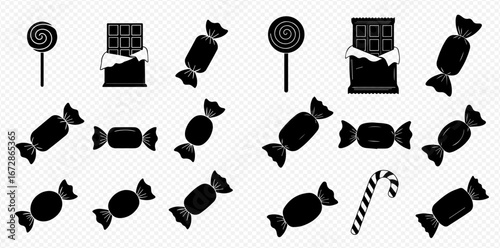 A collection of black and white candy icons including lollipops, wrapped sweets, chocolate bar, and a candy cane.