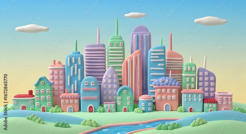 Obraz premium Colorful Cartoon Cityscape with Pastel Buildings and River in a Dreamlike Landscape perfect for childrens illustrations and whimsical designs evoking creativity and imagination