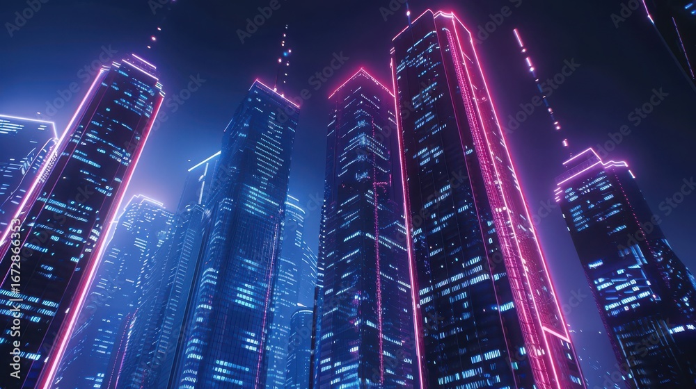 Obraz premium Tall skyscrapers illuminated at night in a bustling urban city s