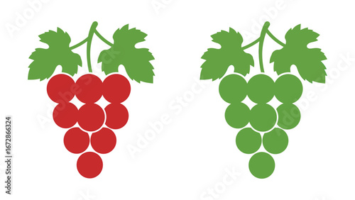 Red and Green Grape Bunches with Leaves Simple Icons