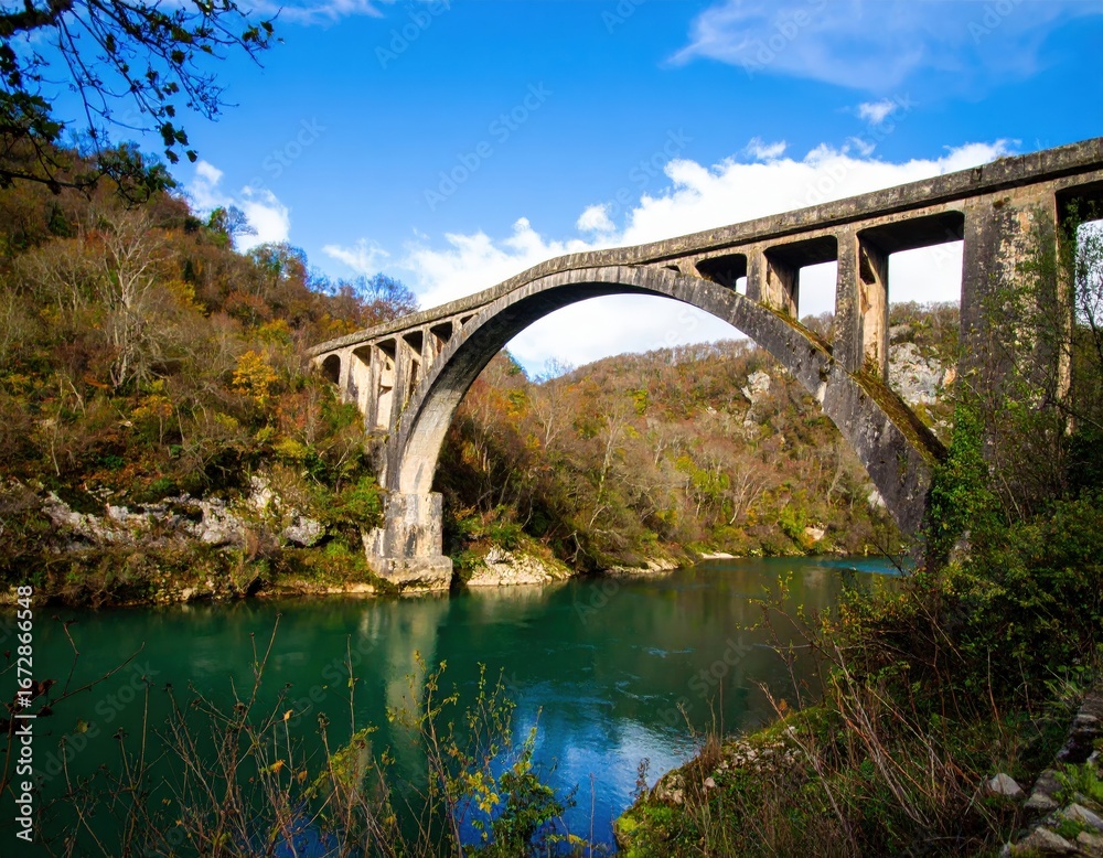 Fototapeta premium Solkan Bridge Architectural Marvel over Soca River Slovenia.