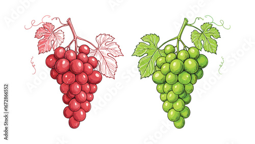An illustrative representation of red and green grape bunches with leaves, symbolizing variety and freshness