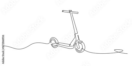 Continuous one line drawing of electric scooter. Minimalist e-scooter illustration symbolizing eco friendly transport, modern urban mobility, sustainable city commuting, lifestyle, and technology.