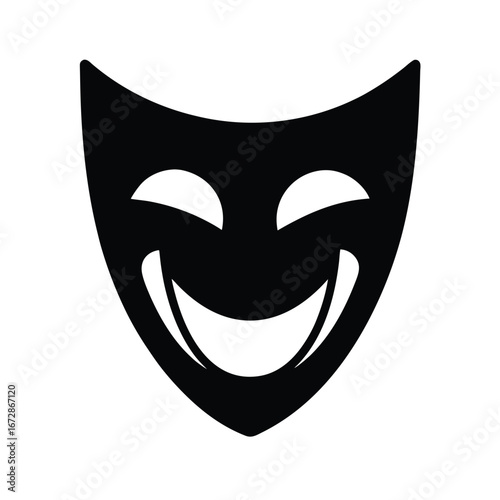 Happy Comedy Mask Icon: Black and White Silhouette Illustration