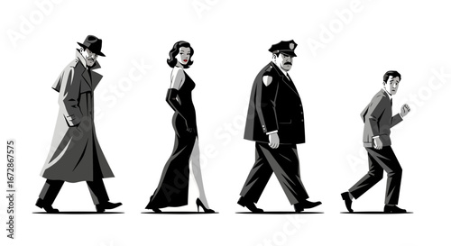 Retro Characters Detective with Lady, Cop, and Man Vector.