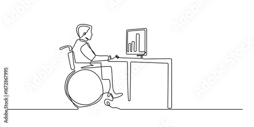 Continuous one line drawing of disabled person in wheelchair working at desk with computer. Minimalist illustration symbolizing inclusion, accessibility, workplace diversity, and digital technology