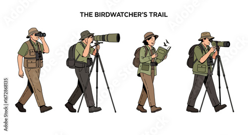 Birdwatchers Trail Characters Set Illustration.