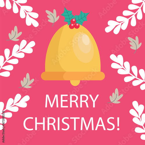 Golden christmas bell rings merrily amidst white leafy decorations on a festive pink backdrop, spreading holiday cheer and warmth during the winter season.