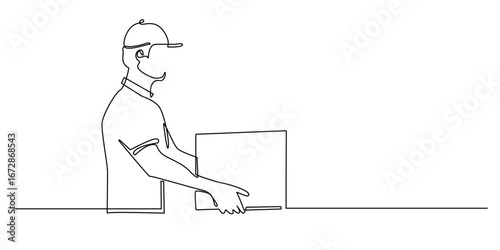 Continuous one line drawing of delivery man holding package box. Minimalist courier illustration representing shipping, logistics, parcel delivery, online shopping, and ecommerce services.
