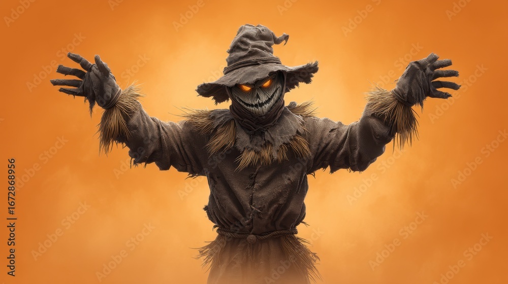 Fototapeta premium Spooky Scarecrow Character with Glowing Eyes in a Dark Atmosphere Surrounded by Orange Haze