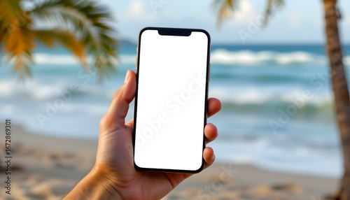 Fototapeta Naklejka Na Ścianę i Meble -  A hand holding a smartphone with a blank screen, set against a beach background. Perfect for mockups and showcasing apps or content.