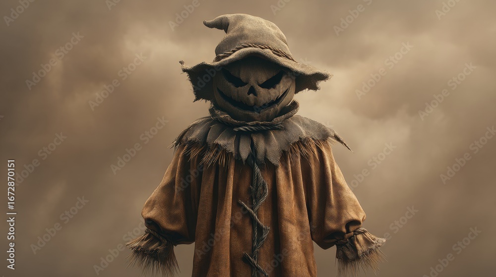 Fototapeta premium Scary Scarecrow With Jack-O-Lantern Face Against Dramatic Stormy Sky Background