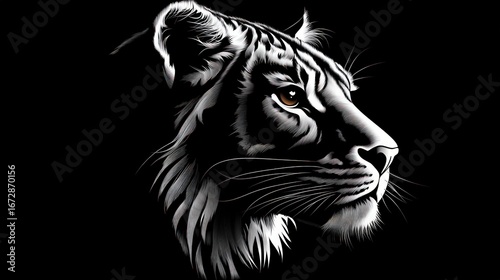 Silhouetted tiger head, profile view, black and white,  stylized graphic