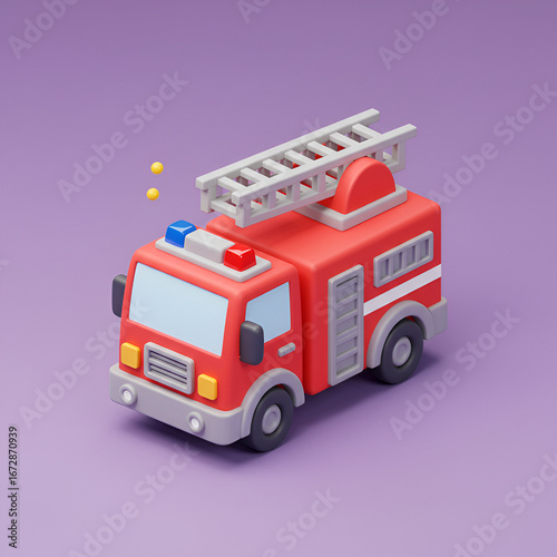 3D Render of a Red Fire Truck with Ladder on Purple Background.