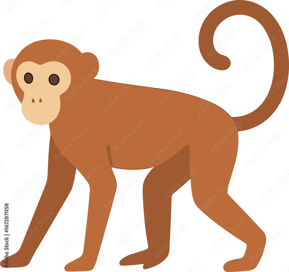 Fototapeta premium Flat Simple Cartoon Monkey with Curly Tail Walking Animal Illustration