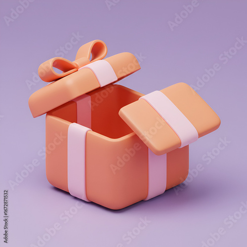 3D Render of an Open Orange Gift Box with Pink Ribbon on a Purple Background.