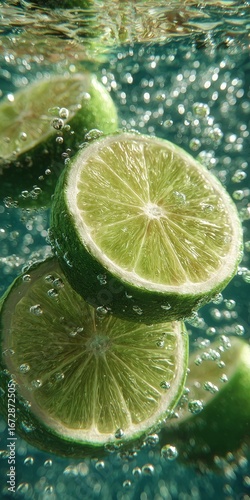 Bergamot Calabrian slices in water close-up, hyper realistic, highlighting fresh citrus texture, vibrant colors, and natural freshness for healthy food and beverage concept.