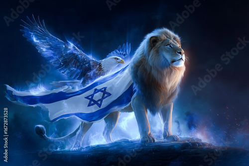 Lion and Eagle with Israel Flag Christian Prophetic Art