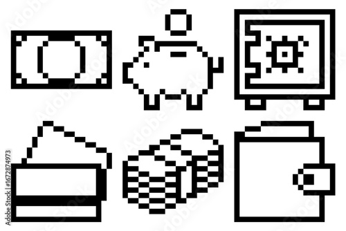 Set pixel finance icon vector for business, accounting, and monetary management. Useful for illustrating a collection of financial tools in a fun, retro, 8-bit aesthetic.